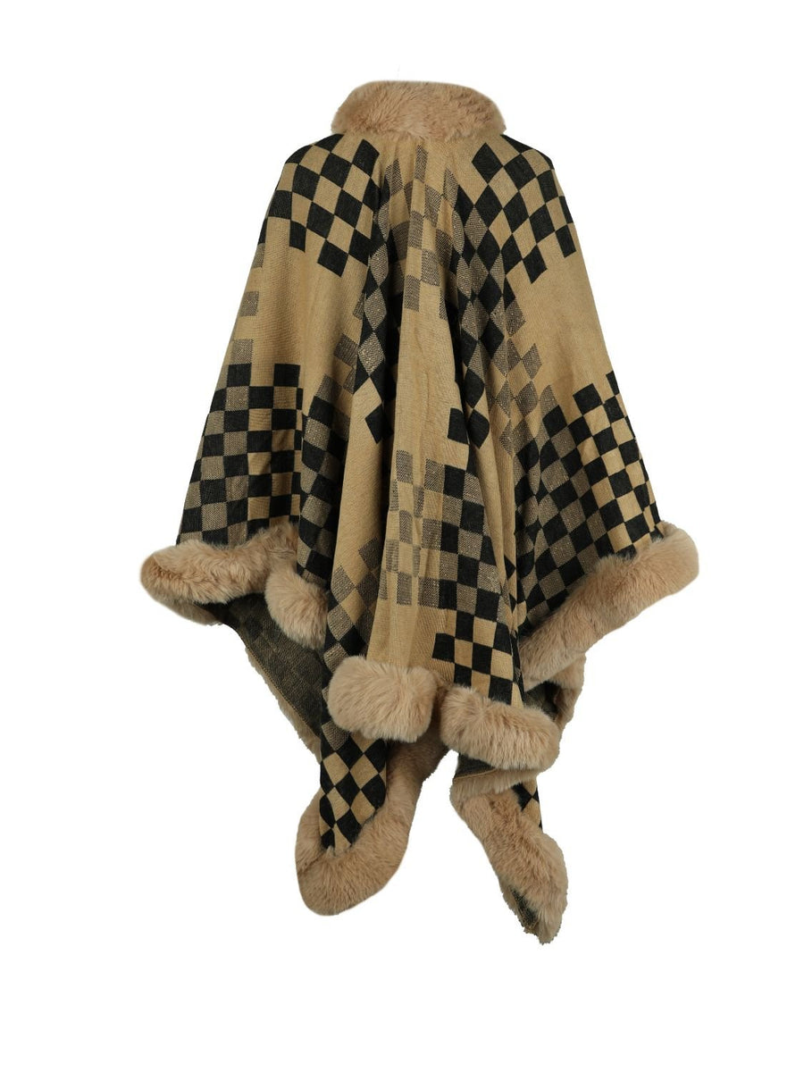 Checkered Faux Fur Trim Poncho - Opulent EmpireCheckered Faux Fur Trim PonchoOpulent EmpireClothing