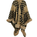 Checkered Faux Fur Trim Poncho - Opulent EmpireCheckered Faux Fur Trim PonchoOpulent EmpireClothing