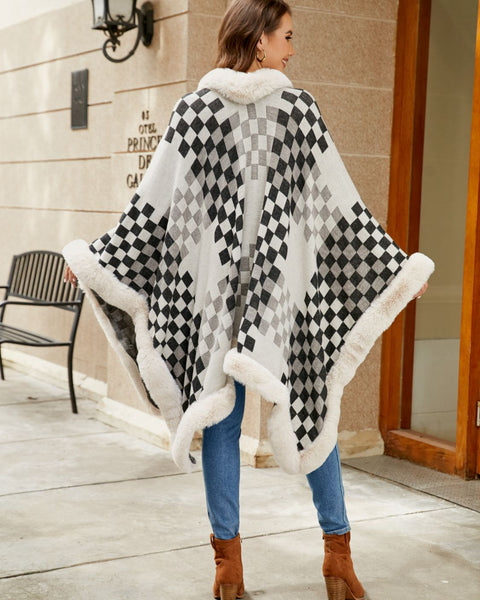 Checkered Faux Fur Trim Poncho - Opulent EmpireCheckered Faux Fur Trim PonchoOpulent EmpireClothing