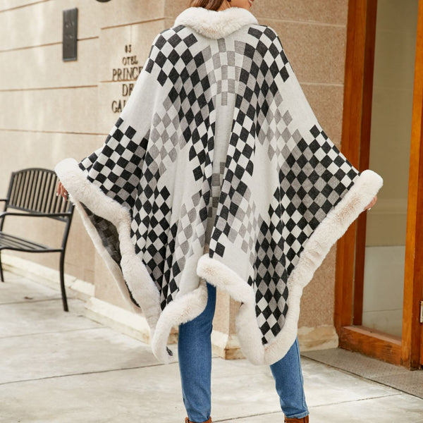 Checkered Faux Fur Trim Poncho - Opulent EmpireCheckered Faux Fur Trim PonchoOpulent EmpireClothing