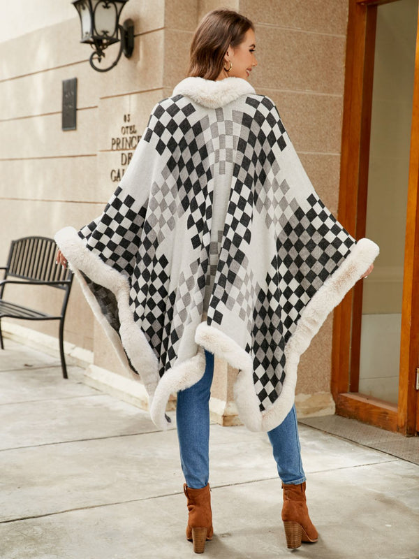 Checkered Faux Fur Trim Poncho - Opulent EmpireCheckered Faux Fur Trim PonchoOpulent EmpireClothing