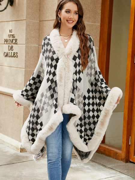 Checkered Faux Fur Trim Poncho - Opulent EmpireCheckered Faux Fur Trim PonchoOpulent EmpireClothing