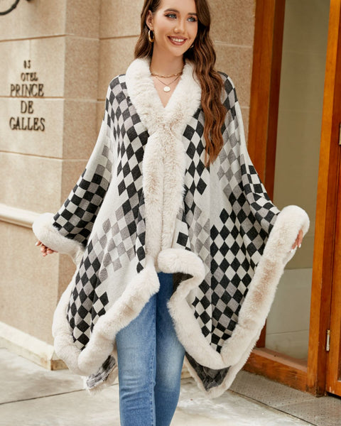 Checkered Faux Fur Trim Poncho - Opulent EmpireCheckered Faux Fur Trim PonchoOpulent EmpireClothing