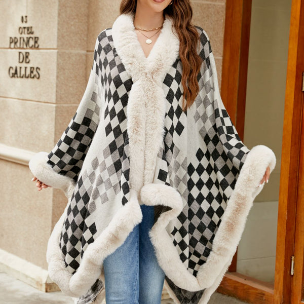 Checkered Faux Fur Trim Poncho - Opulent EmpireCheckered Faux Fur Trim PonchoOpulent EmpireClothing