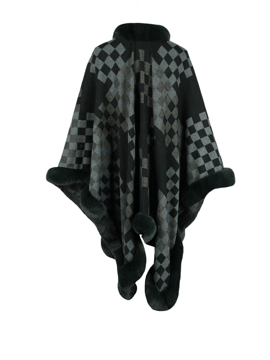 Checkered Faux Fur Trim Poncho - Opulent EmpireCheckered Faux Fur Trim PonchoOpulent EmpireClothing