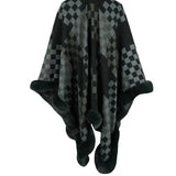 Checkered Faux Fur Trim Poncho - Opulent EmpireCheckered Faux Fur Trim PonchoOpulent EmpireClothing