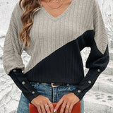 Contrast Buttoned V-Neck Blouse - Opulent EmpireContrast Buttoned V-Neck BlouseOpulent Empire