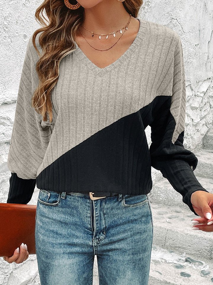 Contrast Buttoned V-Neck Blouse - Opulent EmpireContrast Buttoned V-Neck BlouseOpulent Empire