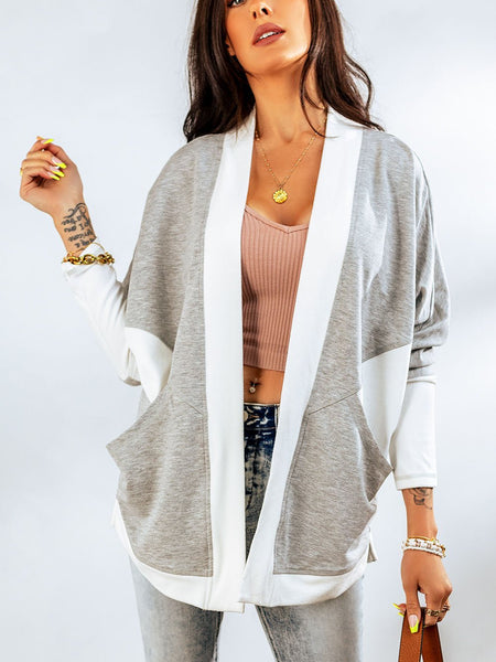 Contrast Open Front Cardigan with Pockets - Opulent EmpireContrast Open Front Cardigan with PocketsOpulent Empire