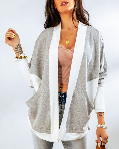 Contrast Open Front Cardigan with Pockets - Opulent EmpireContrast Open Front Cardigan with PocketsOpulent Empire