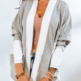 Contrast Open Front Cardigan with Pockets - Opulent EmpireContrast Open Front Cardigan with PocketsOpulent Empire