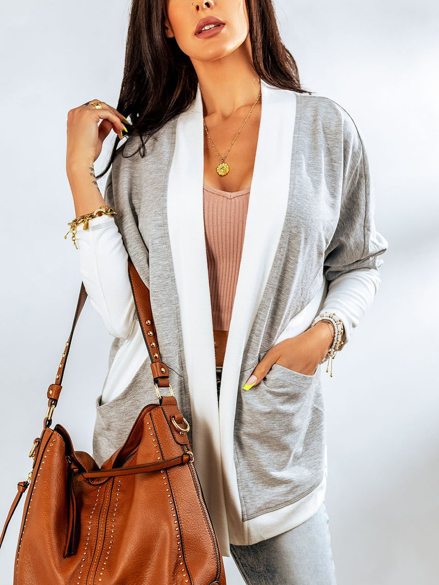 Contrast Open Front Cardigan with Pockets - Opulent EmpireContrast Open Front Cardigan with PocketsOpulent Empire