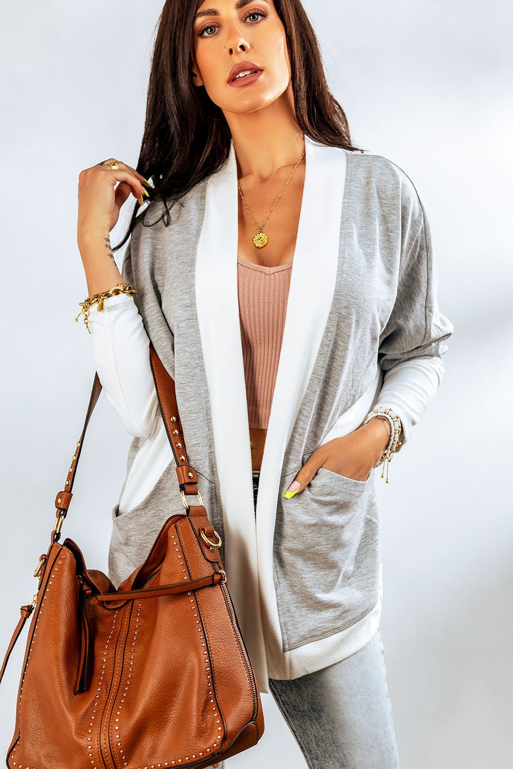 Contrast Open Front Cardigan with Pockets - Opulent EmpireContrast Open Front Cardigan with PocketsOpulent Empire