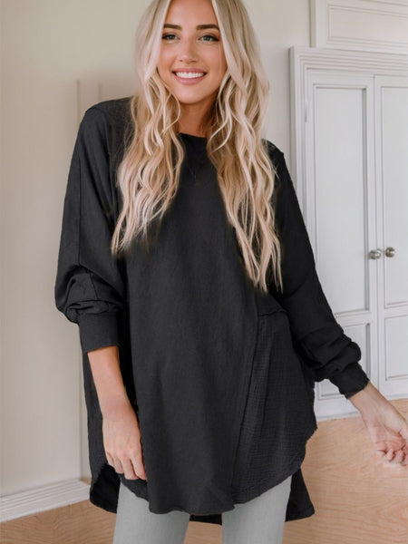 Contrast Texture Round Neck Long Sleeve Blouse - Opulent EmpireContrast Texture Round Neck Long Sleeve BlouseOpulent Empire