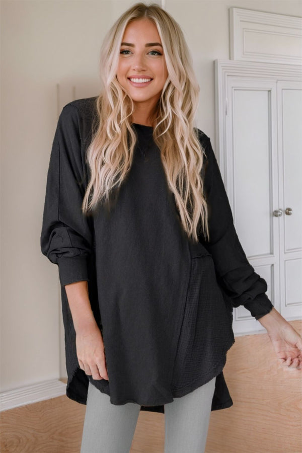 Contrast Texture Round Neck Long Sleeve Blouse - Opulent EmpireContrast Texture Round Neck Long Sleeve BlouseOpulent Empire