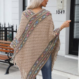 Contrast V-Neck Poncho with Fringes - Opulent EmpireContrast V-Neck Poncho with FringesOpulent EmpireClothing