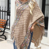 Contrast V-Neck Poncho with Fringes - Opulent EmpireContrast V-Neck Poncho with FringesOpulent EmpireClothing