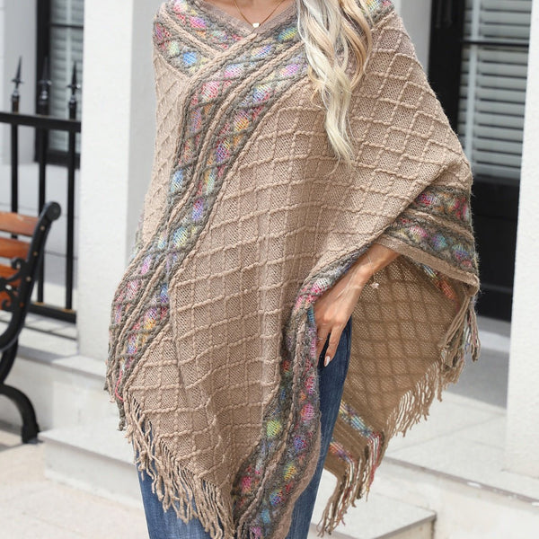 Contrast V-Neck Poncho with Fringes - Opulent EmpireContrast V-Neck Poncho with FringesOpulent EmpireClothing