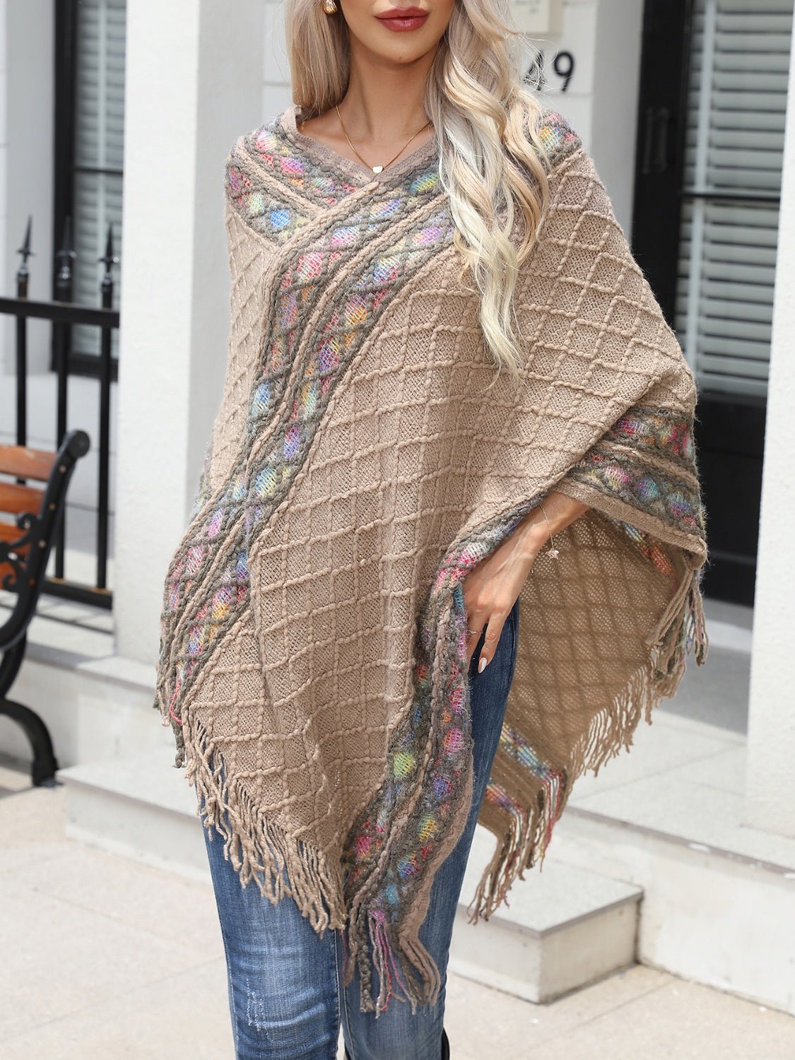 Contrast V-Neck Poncho with Fringes - Opulent EmpireContrast V-Neck Poncho with FringesOpulent EmpireClothing