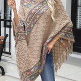 Contrast V-Neck Poncho with Fringes - Opulent EmpireContrast V-Neck Poncho with FringesOpulent EmpireClothing