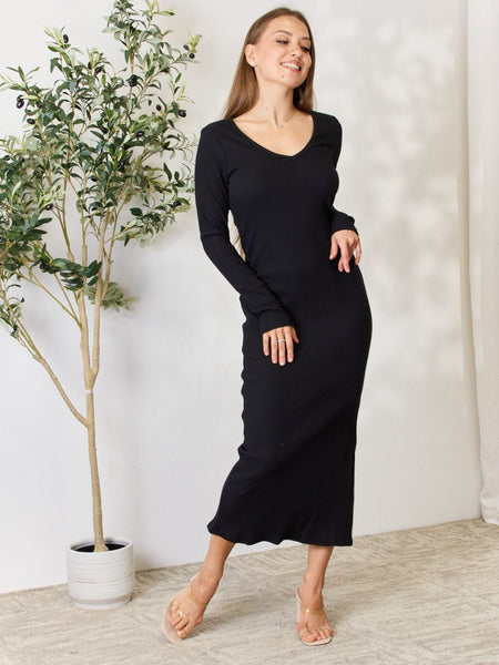 Culture Code Full Size Ribbed Long Sleeve Midi Slit Dress - Opulent EmpireCulture Code Full Size Ribbed Long Sleeve Midi Slit DressOpulent Empire