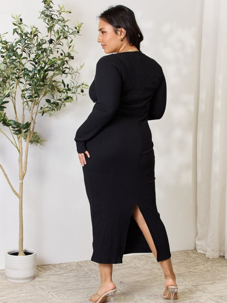 Culture Code Full Size Ribbed Long Sleeve Midi Slit Dress - Opulent EmpireCulture Code Full Size Ribbed Long Sleeve Midi Slit DressOpulent Empire