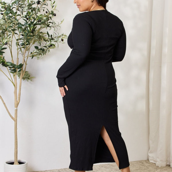 Culture Code Full Size Ribbed Long Sleeve Midi Slit Dress - Opulent EmpireCulture Code Full Size Ribbed Long Sleeve Midi Slit DressOpulent Empire