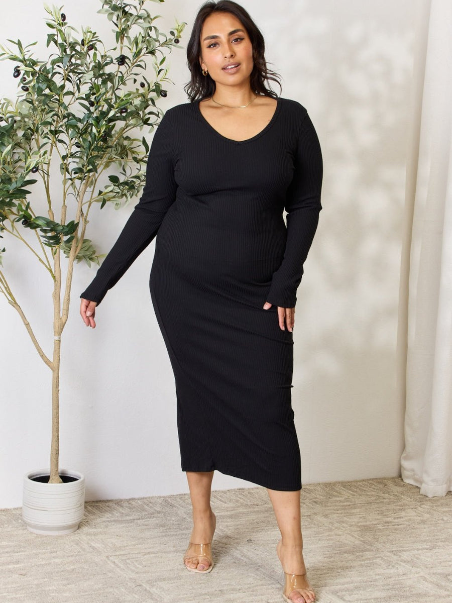 Culture Code Full Size Ribbed Long Sleeve Midi Slit Dress - Opulent EmpireCulture Code Full Size Ribbed Long Sleeve Midi Slit DressOpulent Empire