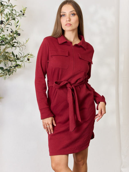 Culture Code Full Size Tie Front Half Zip Long Sleeve Shirt Dress - Opulent EmpireCulture Code Full Size Tie Front Half Zip Long Sleeve Shirt DressOpulent Empire