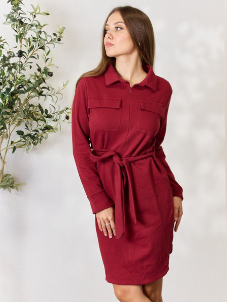 Culture Code Full Size Tie Front Half Zip Long Sleeve Shirt Dress - Opulent EmpireCulture Code Full Size Tie Front Half Zip Long Sleeve Shirt DressOpulent Empire