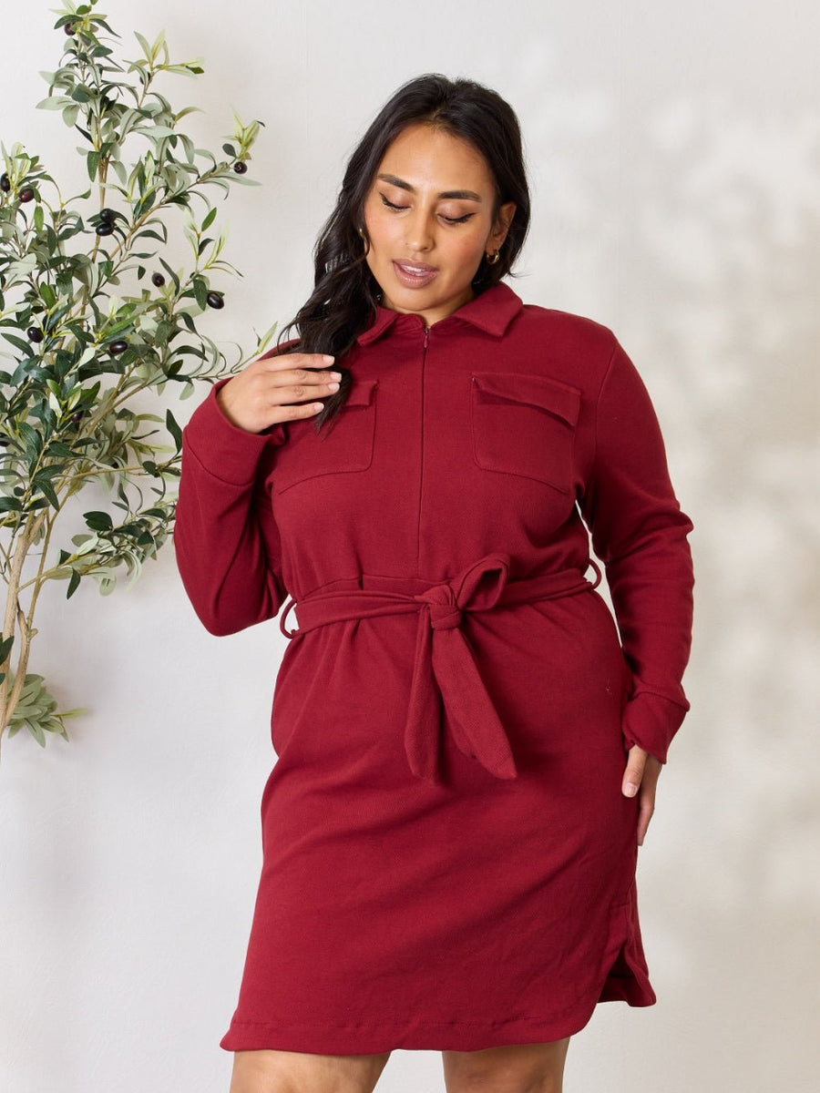 Culture Code Full Size Tie Front Half Zip Long Sleeve Shirt Dress - Opulent EmpireCulture Code Full Size Tie Front Half Zip Long Sleeve Shirt DressOpulent Empire