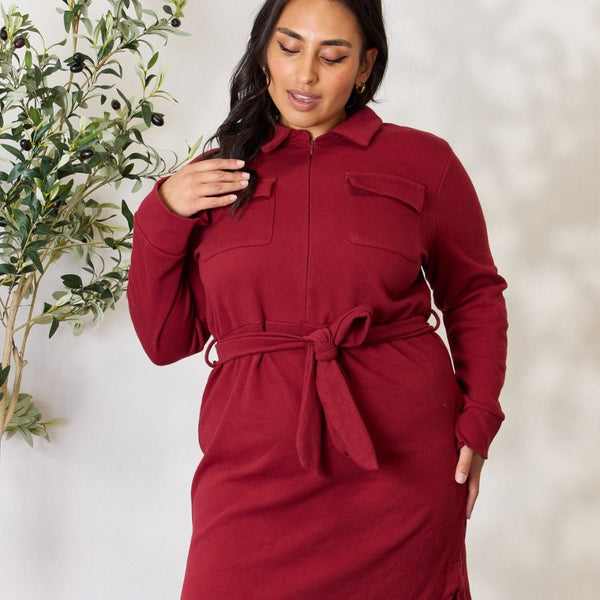 Culture Code Full Size Tie Front Half Zip Long Sleeve Shirt Dress - Opulent EmpireCulture Code Full Size Tie Front Half Zip Long Sleeve Shirt DressOpulent Empire