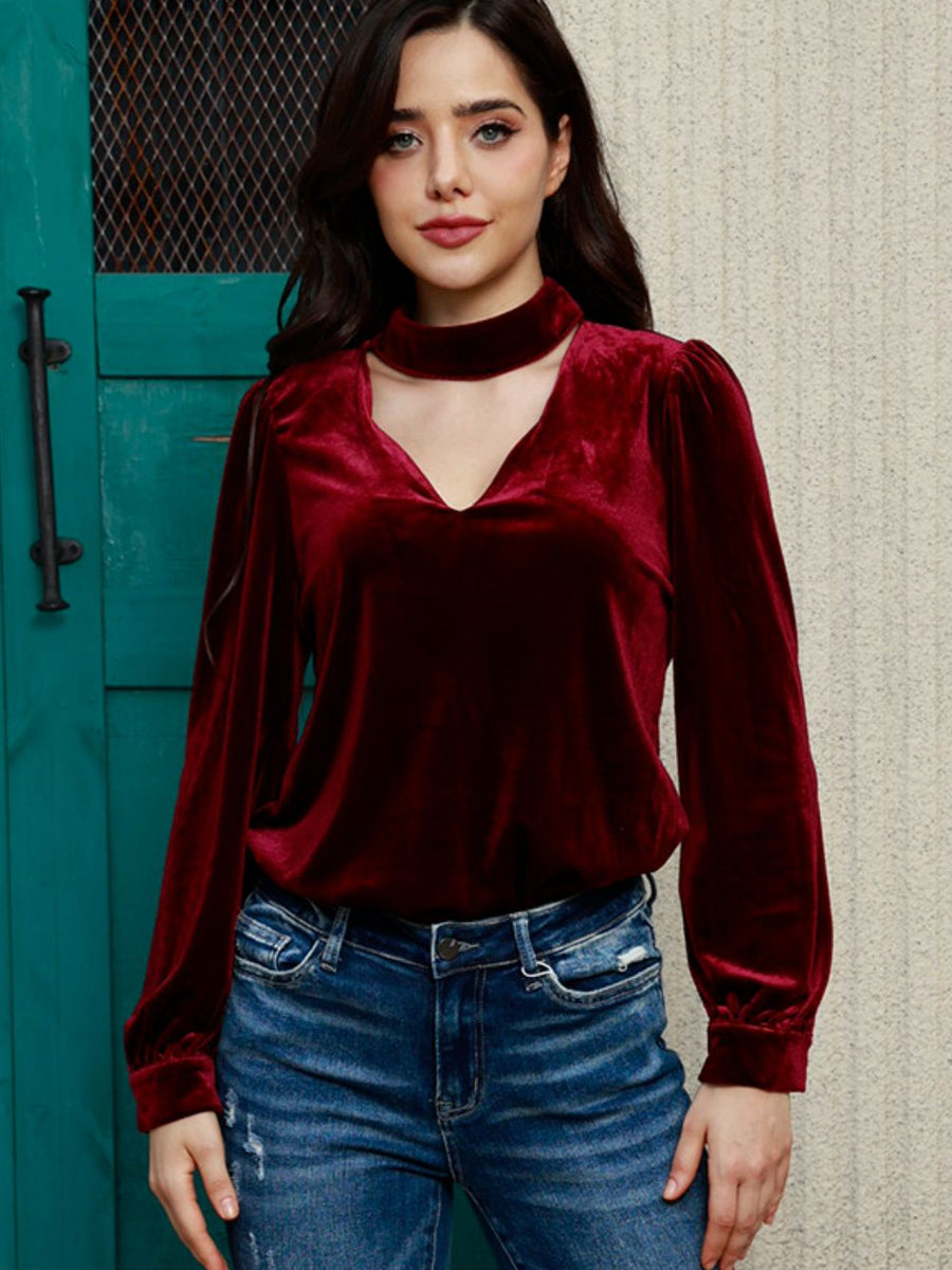 Cutout Puff Sleeve Velvet Blouse - Opulent EmpireCutout Puff Sleeve Velvet BlouseOpulent Empire