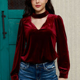 Cutout Puff Sleeve Velvet Blouse - Opulent EmpireCutout Puff Sleeve Velvet BlouseOpulent Empire