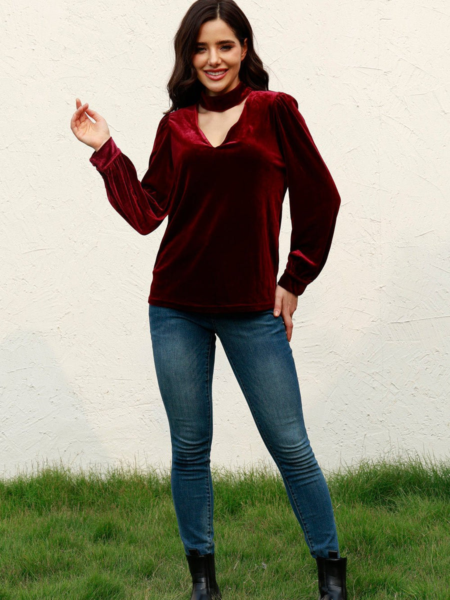 Cutout Puff Sleeve Velvet Blouse - Opulent EmpireCutout Puff Sleeve Velvet BlouseOpulent Empire