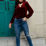 Cutout Puff Sleeve Velvet Blouse - Opulent EmpireCutout Puff Sleeve Velvet BlouseOpulent Empire