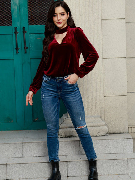 Cutout Puff Sleeve Velvet Blouse - Opulent EmpireCutout Puff Sleeve Velvet BlouseOpulent Empire