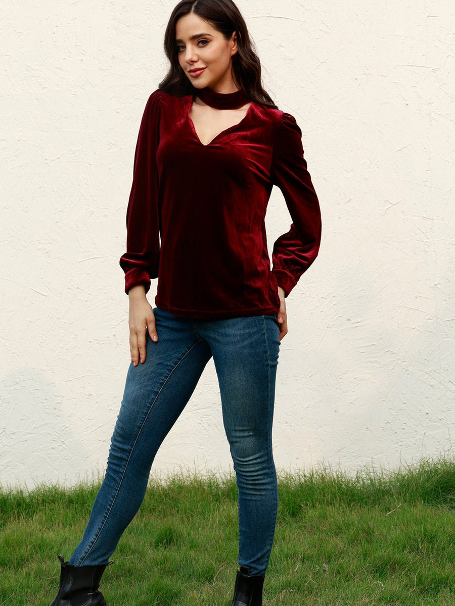 Cutout Puff Sleeve Velvet Blouse - Opulent EmpireCutout Puff Sleeve Velvet BlouseOpulent Empire