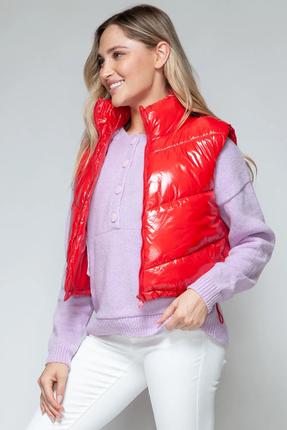 Dove Rosetti — Snobbish Zip Up Turtleneck Shiny Quilted Vest Red Sweater or Cardigan, alternate view 4