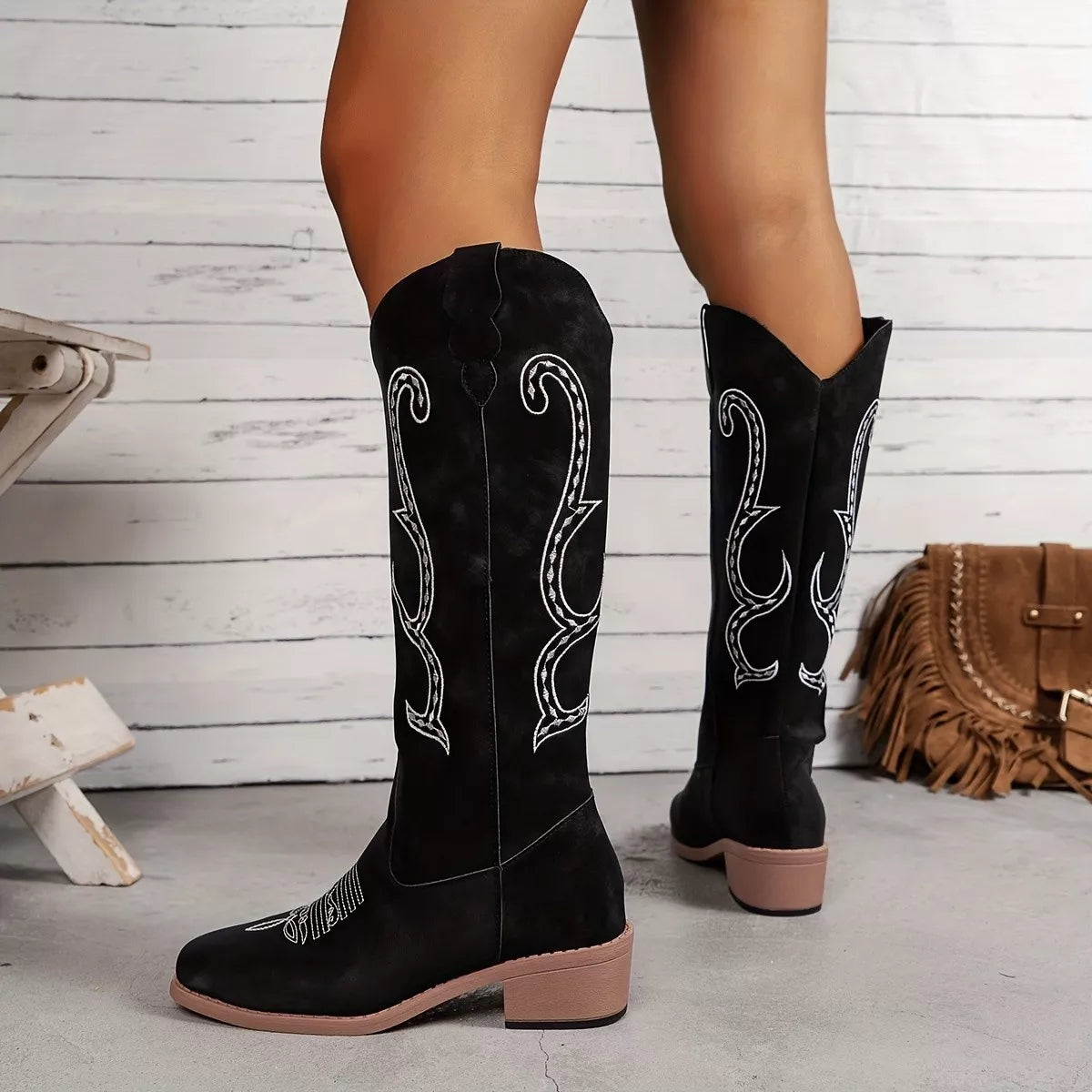 Perrin Marino — Embroidered Round Toe Block Heels Boots Fashion Footwear, alternate view 5