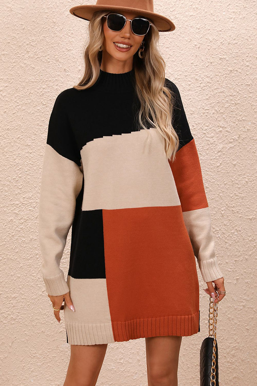 Sasha Rivière — Color Block Mock Neck Dropped Shoulder Sweater Dress