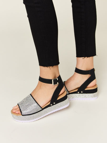Forever Link Rhinestone Buckle Strappy Wedge Sandals - Opulent Empire