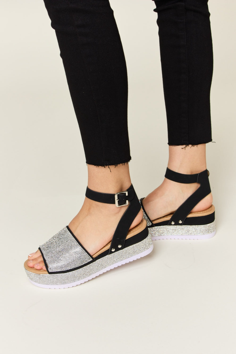Reese Montclair — Forever Link Rhinestone Buckle Strappy Wedge Sandals Black Fashion Footwear, alternate view 4