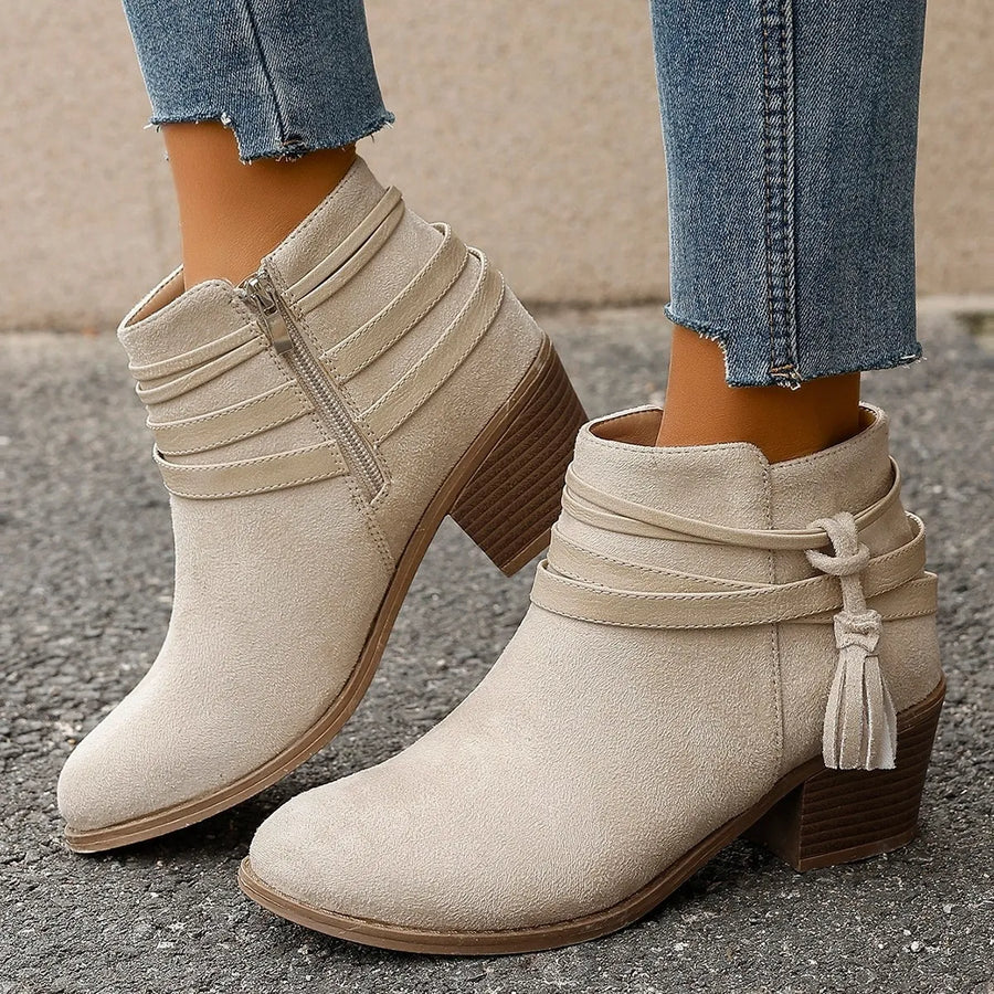 Monroe Venturi — Tassel Point Toe Block Heels Boots Fashion Footwear