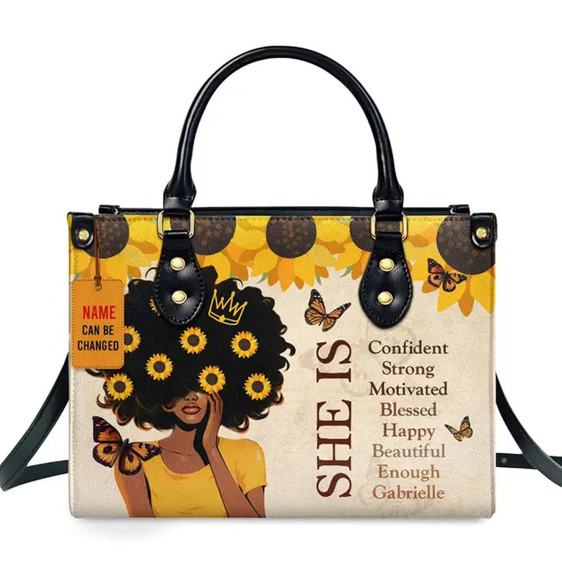 Jocelyn Montclair — Luxury African Girl Print Leather Top-Handle Tote Handbag, alternate view 31