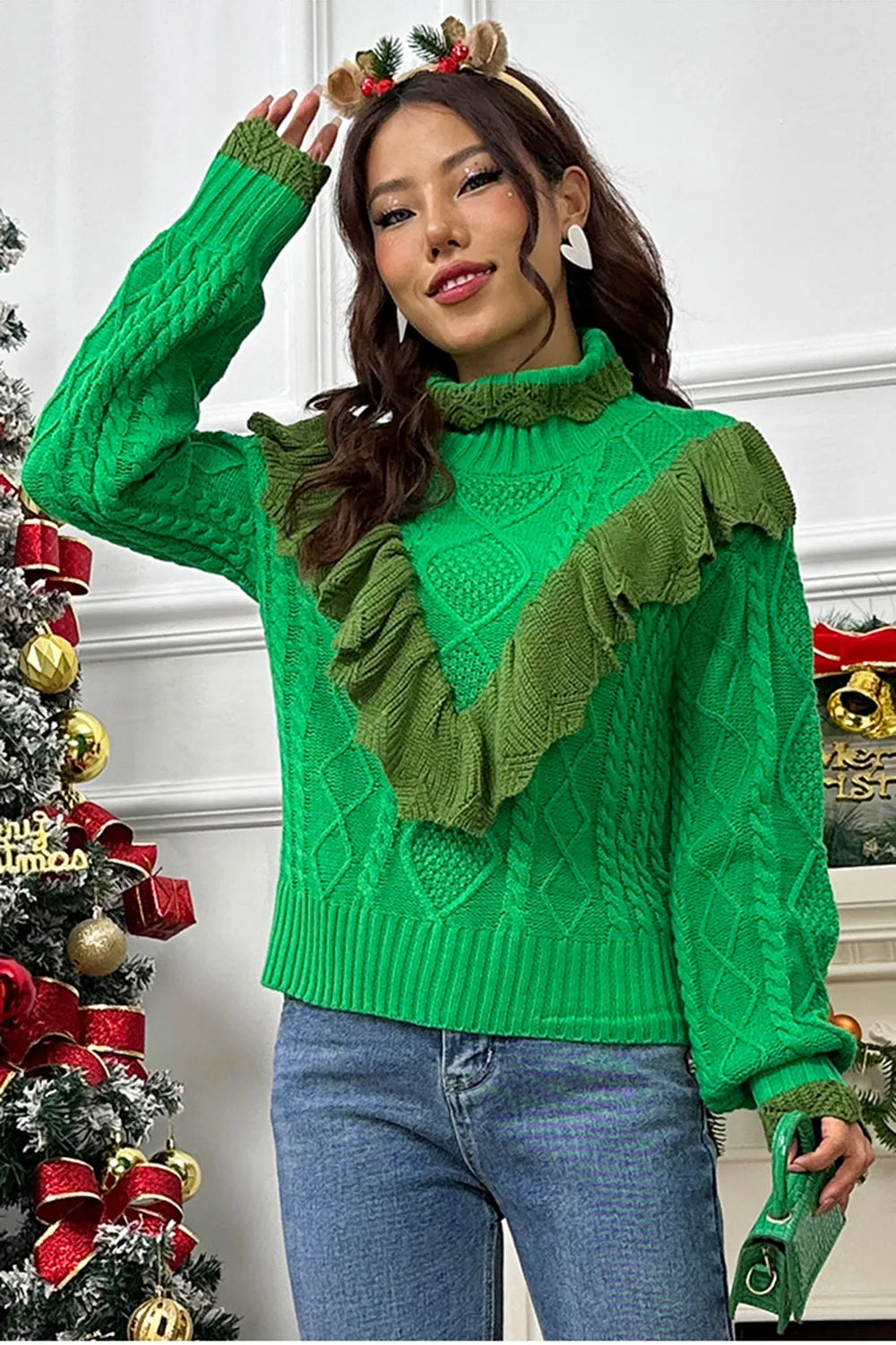 Sage Rivière — Cable-Knit Ruffled Mock Neck Lantern Sleeve Sweater, alternate view 3