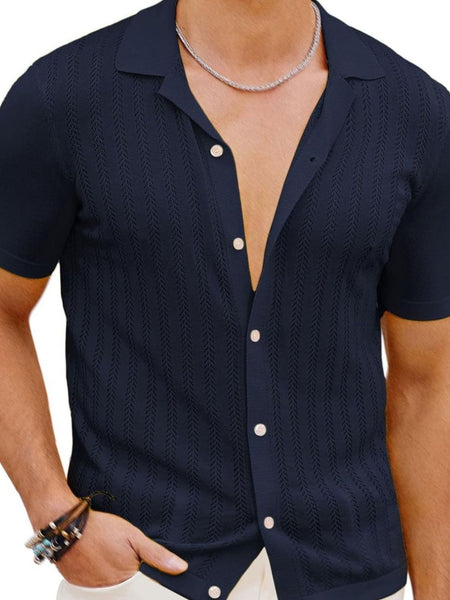 Men's Full Size Openwork Button Down Short Sleeve Shirt Plus Size - Opulent Empire
