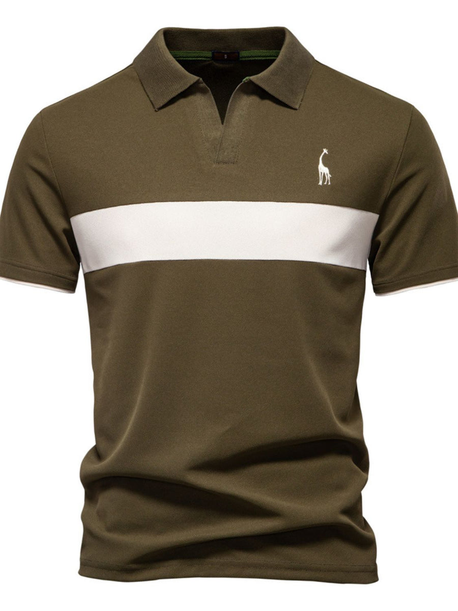 Men's Giraffe Embroidered Collared Neck Contrast Polo - Opulent Empire