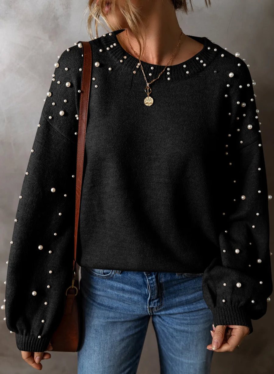Aster Bellamy — Pearl Detail Round Neck Long Sleeve Sweater