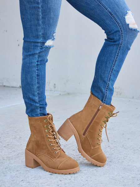 Forever Link Lace-Up Zipper Detail Block Heel Boots - Opulent Empire